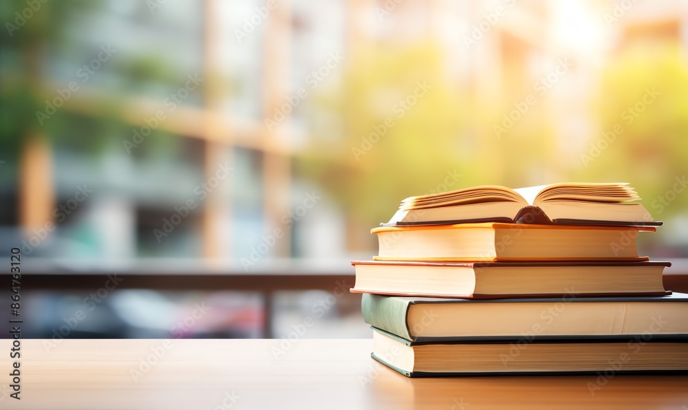 Fototapeta premium Stack of Books on a Wooden Table with Blurry Background