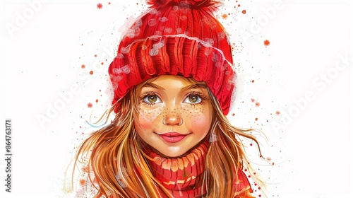 Joyful Winter Scene with Happy Girl Wearing Red Hat - Digital Illustration Postcard Stock Vector photo