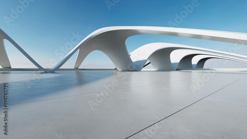 Fototapeta Naklejka Na Ścianę i Meble -  3d render of abstract curve structure futuristic architecture with empty concrete floor.