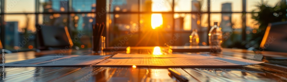 Sunrise Teamwork: Close-up of Business Papers on Desk with Team Meeting in Background, Symbolizing Collaboration and Unity Sunrise Teamwork: Close-up of Business Papers on Desk with Team Meeting in Background, Symbolizing Collaboration and Unity