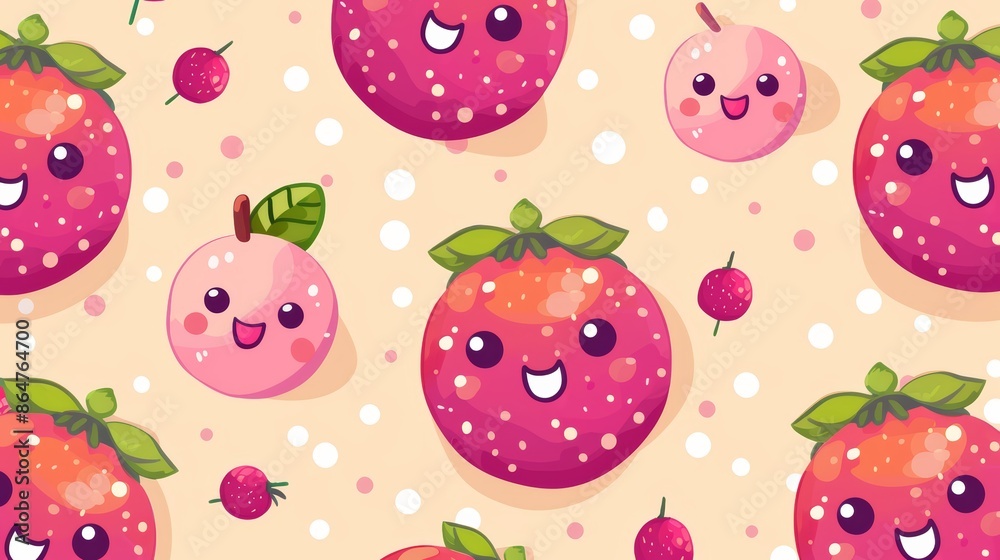 A seamless pattern featuring cute cartoon fruit with happy faces, including red and pink fruits with green leaves. A seamless pattern featuring cute cartoon fruit with happy faces, including red and pink fruits with green leaves.
