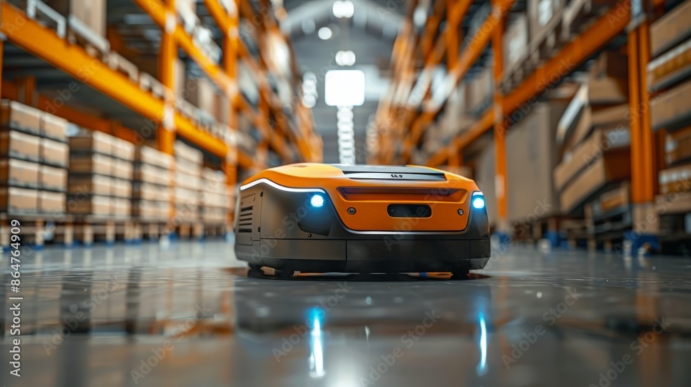 Futuristic Autonomous Robot in Warehouse Corridor: Revolutionizing Modern Logistics Management Futuristic Autonomous Robot in Warehouse Corridor: Revolutionizing Modern Logistics Management