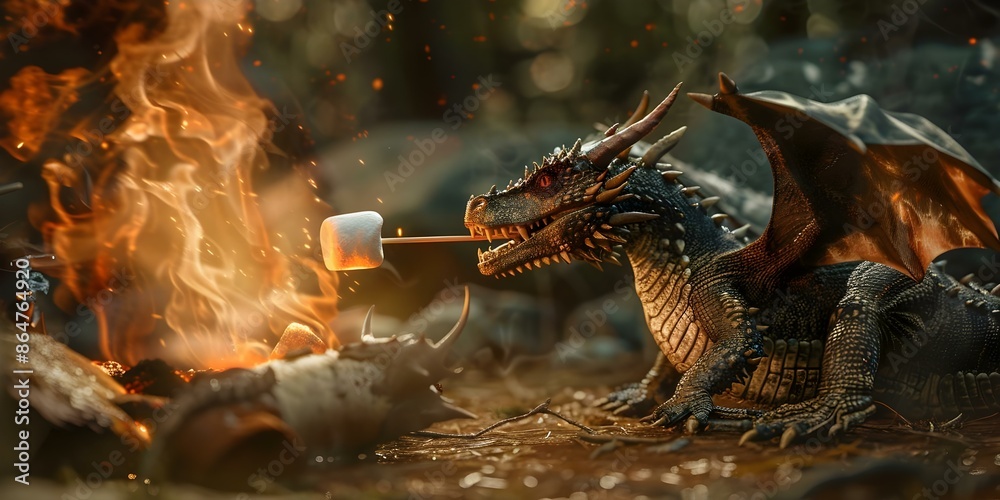 A Magical Encounter Dragon Roasting a Marshmallow at a Campsite. Concept Fantasy Photoshoot, Campfire Adventures, Mythical Creatures, Storybook Settings, Outdoor Imagination A Magical Encounter Dragon Roasting a Marshmallow at a Campsite. Concept Fantasy Photoshoot, Campfire Adventures, Mythical Creatures, Storybook Settings, Outdoor Imagination