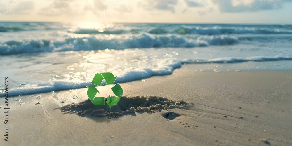 Green Eco Symbol on Blurry Beach Background Promoting Sustainability ...