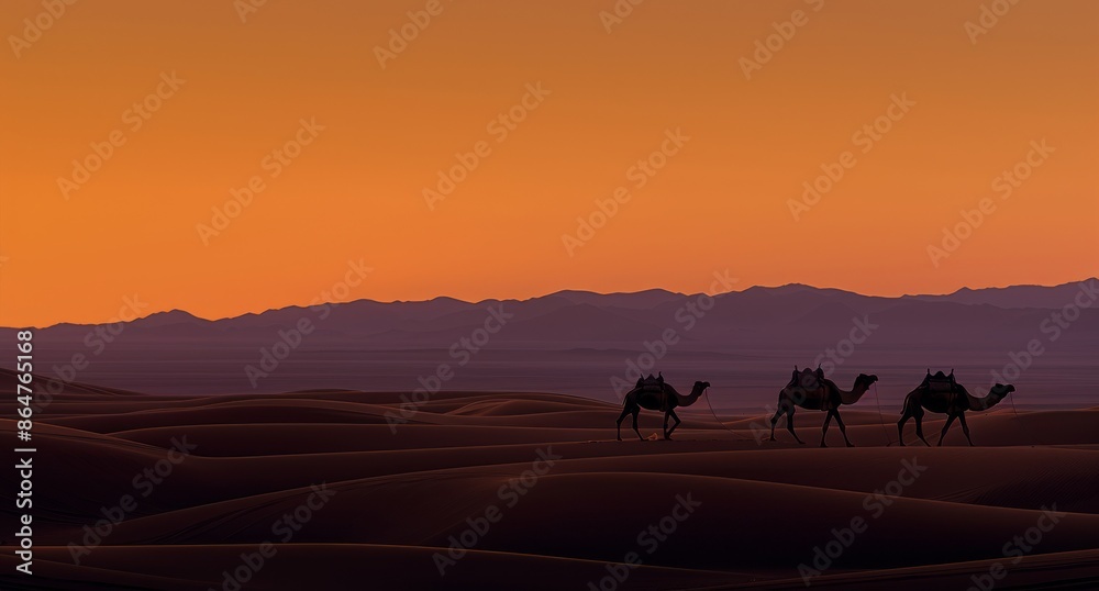 Camel Caravan Silhouette At Sunset In The Sahara Desert Camel Caravan Silhouette At Sunset In The Sahara Desert