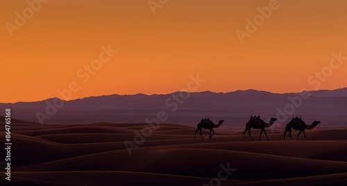 Camel Caravan Silhouette At Sunset In The Sahara Desert