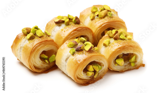 Rolled baklava with pistachios isolated on white background. Turkish delicacy  photo