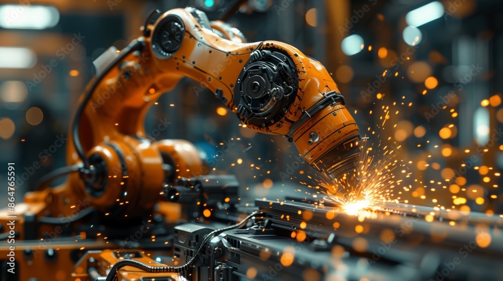 Robotic arm welding on automated assembly line. Robotic arm welding on an automated assembly line in a factory, showcasing the precision and efficiency of robotic welding technology. Robotic arm welding on automated assembly line. Robotic arm welding on an automated assembly line in a factory, showcasing the precision and efficiency of robotic welding technology.
