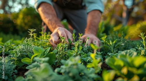 Farmer tending to herb garden. Close-up of a farmer's hands tending to an herb garden, focusing on detailed care and cultivation of aromatic plants.