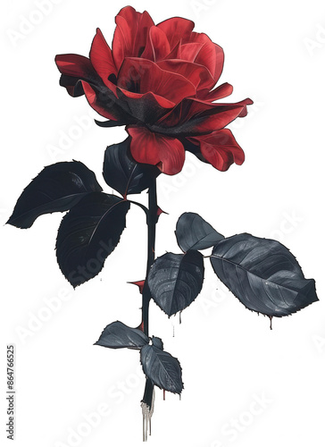 red rose with black leaves on a white background, transparent background png