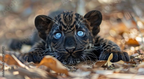 Black Panther Cub With Striking Blue Eyes in a Lush Forest