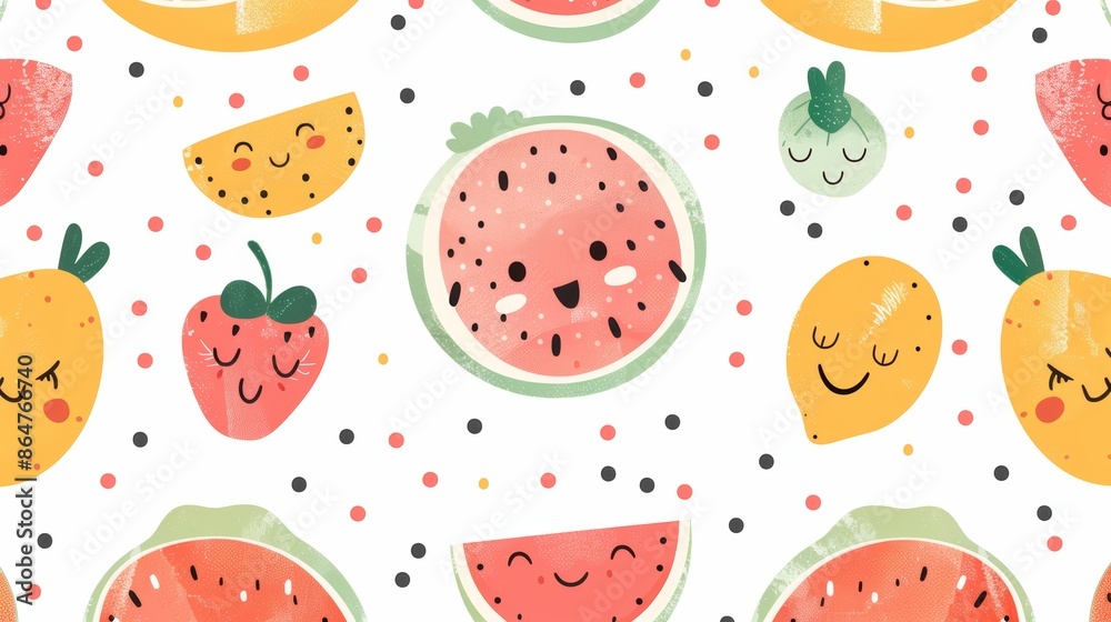 Cute fruit pattern with watermelon, lemon, strawberry and orange. Perfect for summer designs, backgrounds and textiles. Cute fruit pattern with watermelon, lemon, strawberry and orange. Perfect for summer designs, backgrounds and textiles.