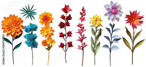 row of colorful paper flowers on a white surface, transparent background png