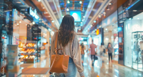Shopping in Modern Mall. A woman with a handbag walking through a brightly lit, modern shopping mall, capturing the essence of contemporary retail experiences. © OMGAi