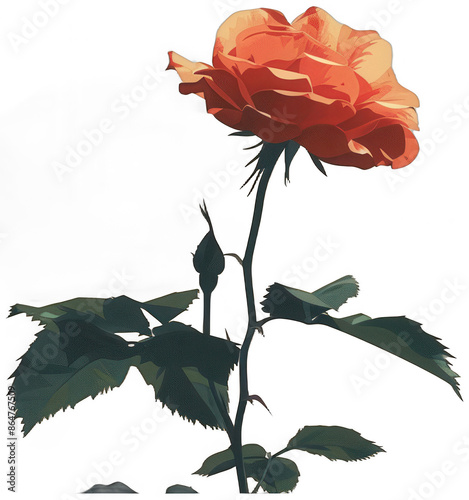 single rose with a stem and leaves on a yellow background, transparent background png