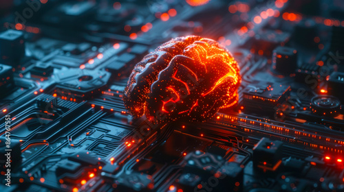 Glowing Brain on Circuit Board Illustrating AI Concept. A glowing brain rests on a circuit board, symbolizing the integration of artificial intelligence and advanced technology in modern computing. photo