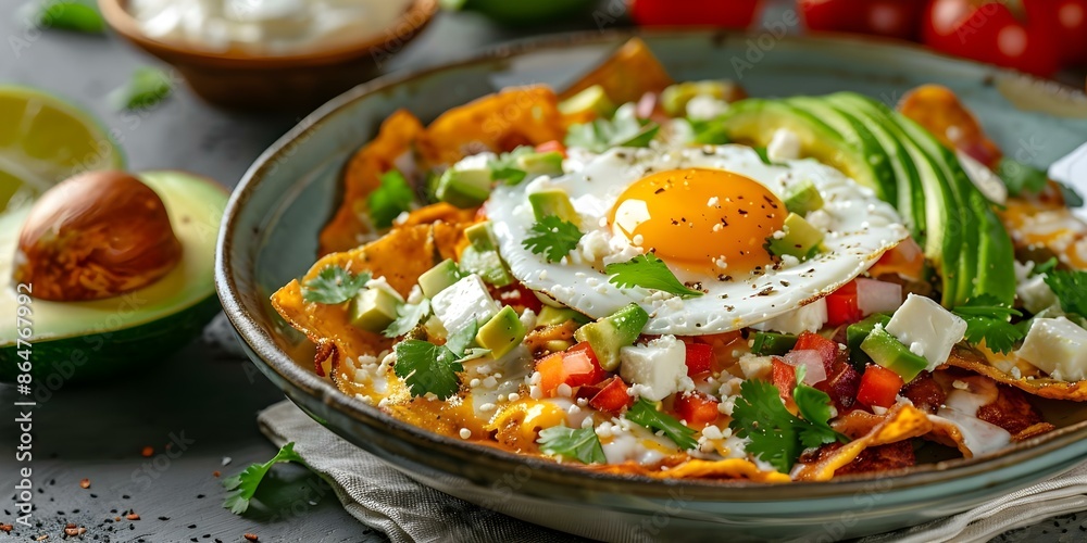 Colorful chilaquiles with eggs, avocado, and queso fresco on a festive table display. Concept Food Photography, Mexican Cuisine, Brunch Setup, Colorful Ingredients, Festive Table Display Colorful chilaquiles with eggs, avocado, and queso fresco on a festive table display. Concept Food Photography, Mexican Cuisine, Brunch Setup, Colorful Ingredients, Festive Table Display