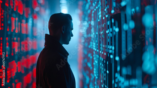 Man in Cyber Environment with Red and Blue Lights. A man stands in a futuristic environment with digital red and blue lights surrounding him, representing cyber security and data analysis. photo