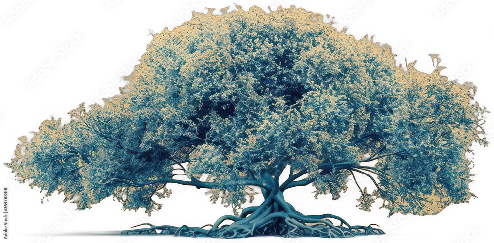 Fototapeta premium tree with a large, blue trunk and roots, transparent background png