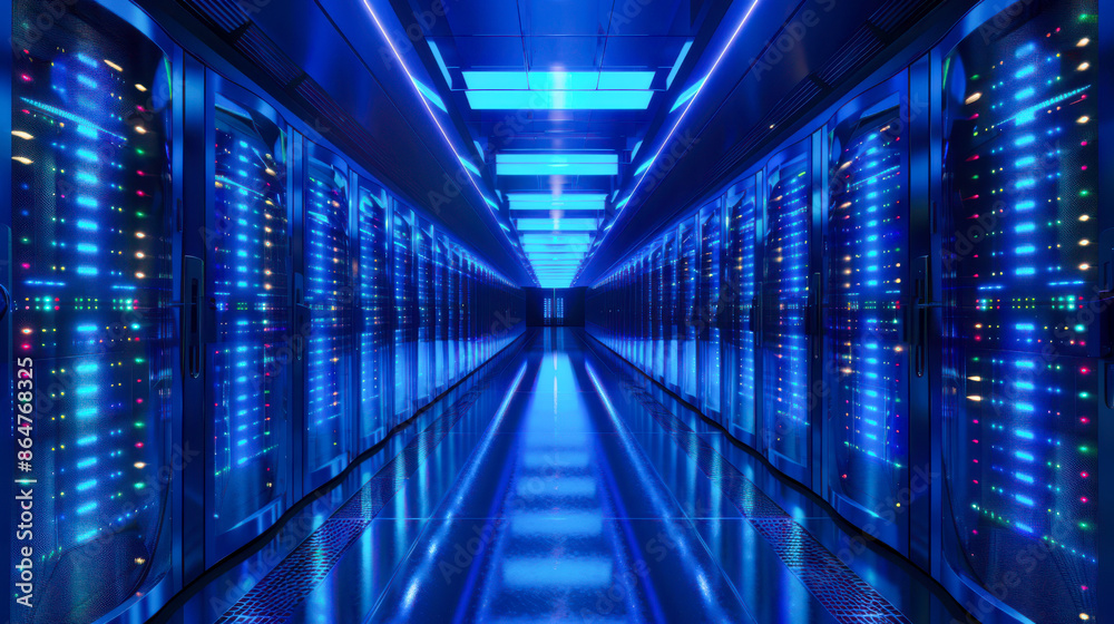 Modern Data Center with Blue Lighting. A futuristic data center corridor with vibrant blue lighting, showcasing server racks and high-tech infrastructure in a controlled environment. Modern Data Center with Blue Lighting. A futuristic data center corridor with vibrant blue lighting, showcasing server racks and high-tech infrastructure in a controlled environment.