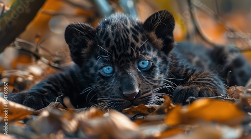 Black Panther Cub With Striking Blue Eyes in a Lush Forest