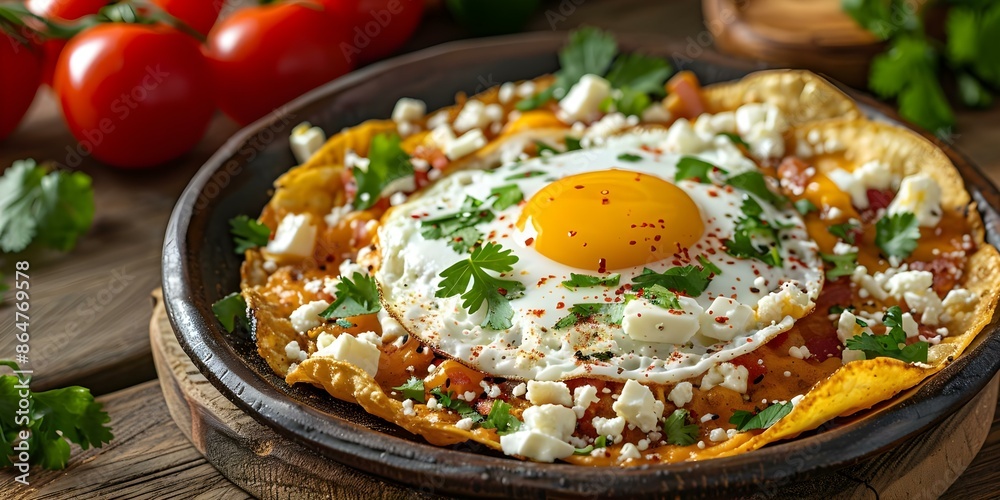 Chilaquiles A Delicious Mexican Dish with Fried Tortillas, Eggs, Cheese, and Cilantro. Concept Mexican cuisine, Breakfast dishes, Tortilla recipes, Traditional recipes, Cooking with eggs Chilaquiles A Delicious Mexican Dish with Fried Tortillas, Eggs, Cheese, and Cilantro. Concept Mexican cuisine, Breakfast dishes, Tortilla recipes, Traditional recipes, Cooking with eggs