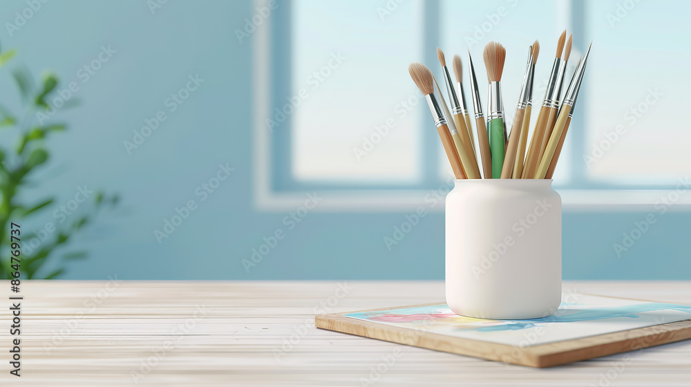 Obraz premium A bright and airy studio with paint brushes in a white container on a wooden desk. Creative workspace focused on artistic tools and natural light.