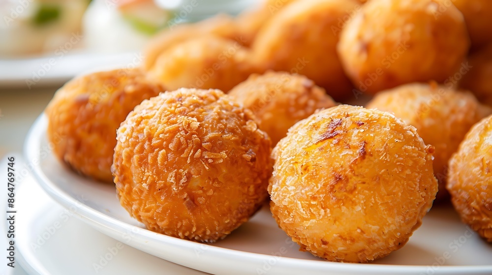 Fototapeta premium A close-up of a plate of golden Dutch traditional snack, bitterballen.
