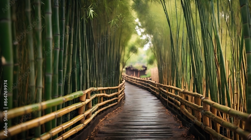 Obraz premium The pathway of miniature kyoto forest at summertime. A path with dense bamboo groves on both sides