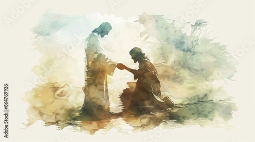 Biblical Illustration of Jesus Healing the Leper, Watercolor Style, Faith and Mercy, Beige Background, copyspace