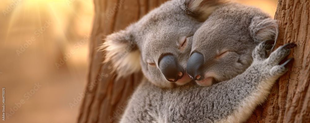 Obraz premium Adorable koalas cuddling on a tree branch during sunset, showcasing warmth, companionship, and natural beauty in Australian wildlife.