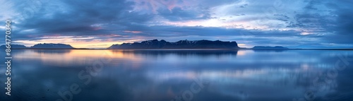 Beautiful sunset reflecting Vestgciar mountain in Iceland, panoramic view showcasing its natural beauty