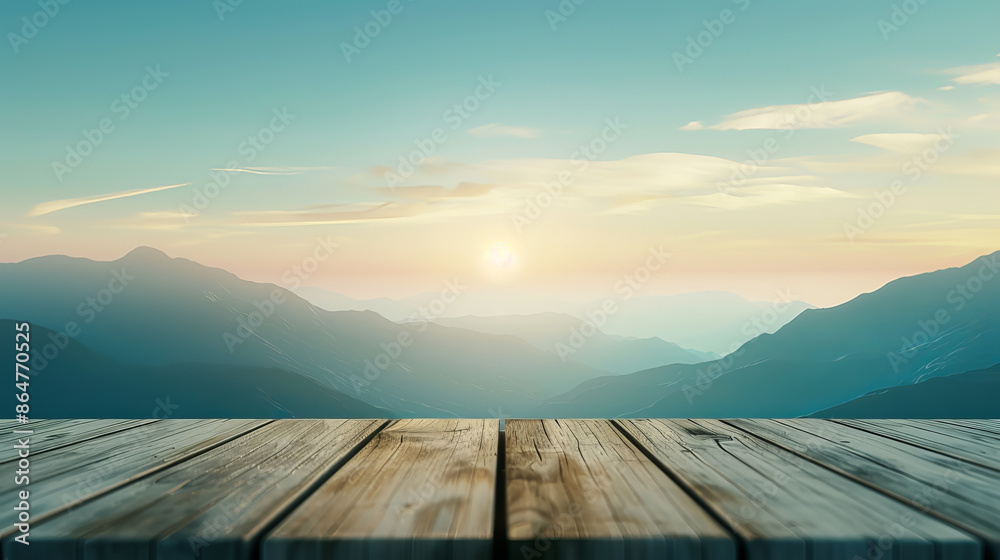 Beautiful sunrise over mountain landscape viewed from wooden deck. Serene morning scenery ideal for background or nature concept. Beautiful sunrise over mountain landscape viewed from wooden deck. Serene morning scenery ideal for background or nature concept.