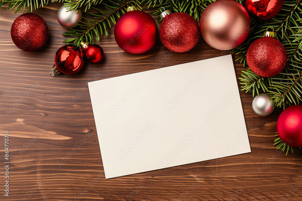 Obraz premium Blank white card on a wooden table decorated with festive red, silver, and gold Christmas ornaments and green pine branches.