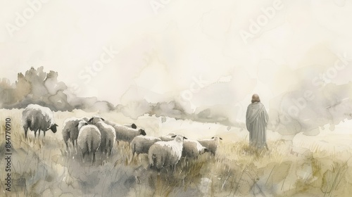 Biblical Illustration of Jesus as a Shepherd with a Flock of Sheep in a Serene Meadow, Faith and Care, Beige Background, copyspace