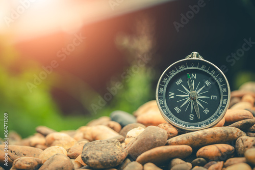 Travel of tourists with compass. compass of tourists on forest.