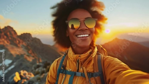 A black woman standing on the summit of a mountain and taking a selfie, smiling, and enjoying her achievements. Adventure, hiking. Perseverance, endurance, achievements photo