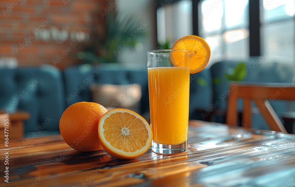 A Glass of Fresh Orange Juice on a Wooden Table in a Cafe