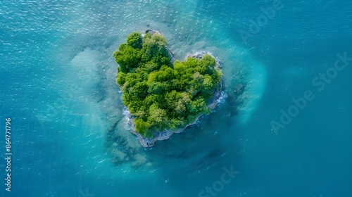 A heart-shaped tropical island paradise in the open ocean, Heart shaped paradise island in the middle of the ocean, aerial view. Tropical island from above, perfect vacation vibes. Heart carved by .

