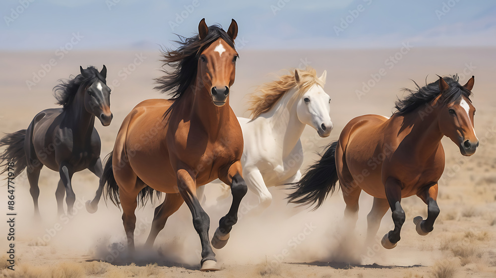 Obraz premium The majestic beauty of wild horses running free in a vast, open landscape. Focus on their movement and the natural setting