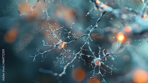 A close up of a brain with many neurons and a bright orange spot. Concept of complexity and wonder, as the brain is a mysterious and intricate organ. Science concept photo