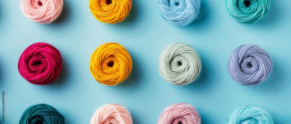 Top-down view of yarn rolls in a grid, colorful and minimalist, ample text space, simple composition with vibrant tones on a plain background Top-down view of yarn rolls in a grid, colorful and minimalist, ample text space, simple composition with vibrant tones on a plain background