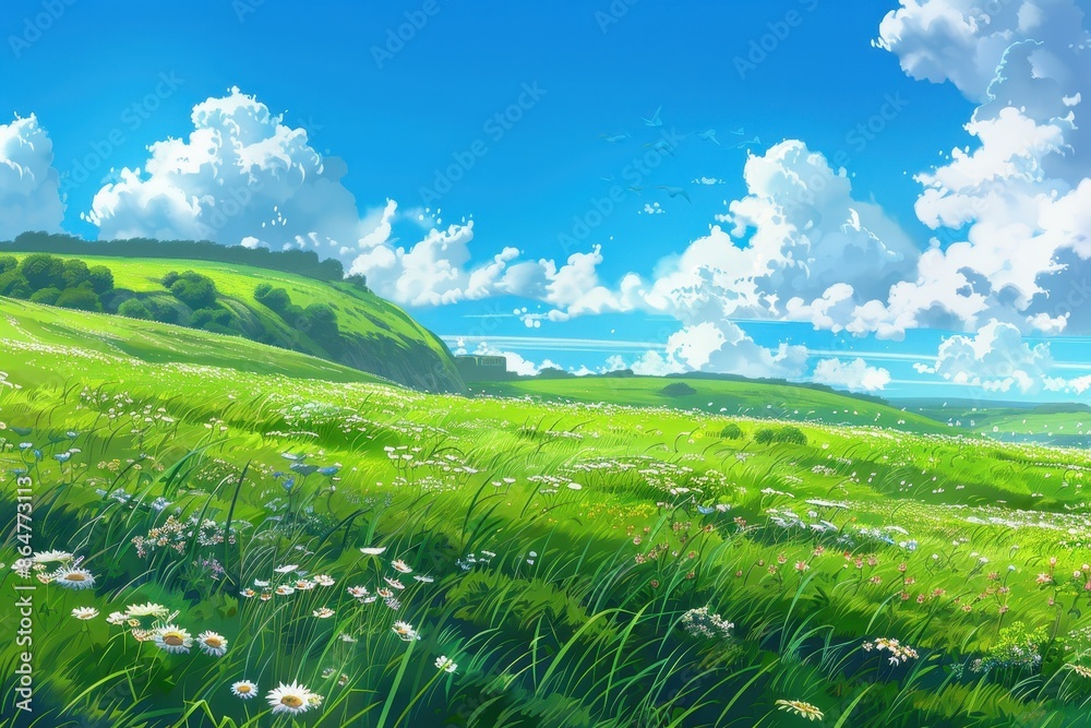 Fototapeta premium Idyllic green field with white flowers under a bright blue sky with fluffy clouds, nature landscape concept.