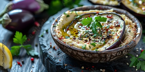 Traditional vegan Arabic appetizer made with grilled eggplant lemon olive oil and tahini. Concept Baba Ghanoush, Grilled Eggplant, Middle Eastern Cuisine, Vegan Appetizer, Tahini Dip photo