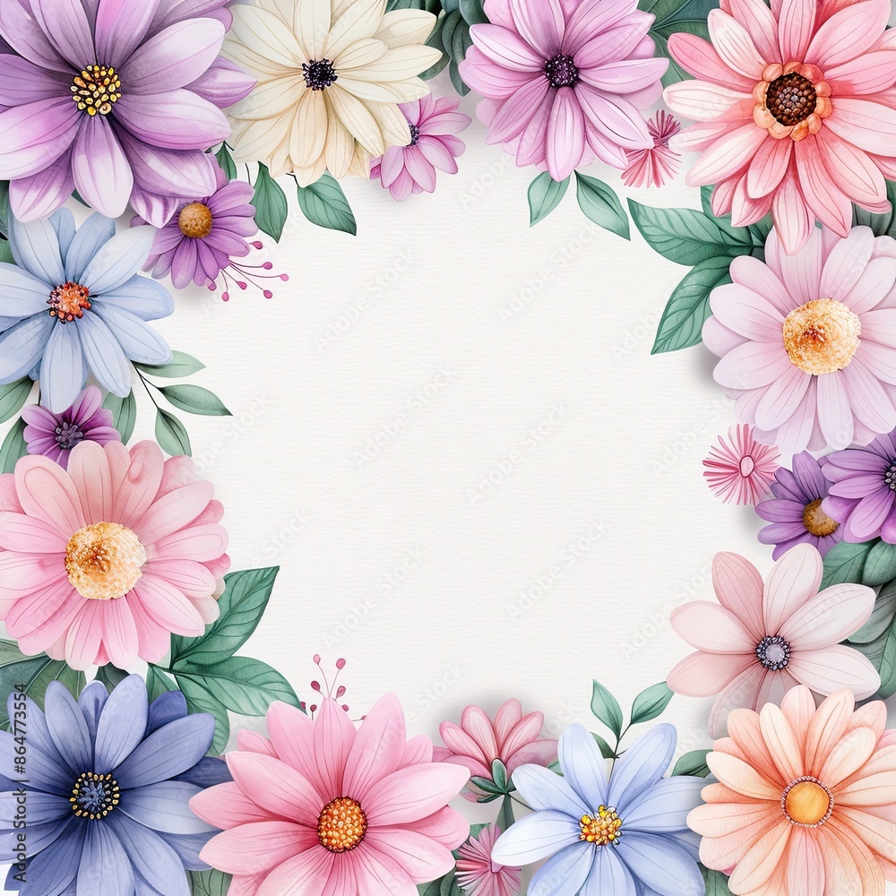 Watercolor flowers, blank space center, soft pastel background, delicate and elegant Watercolor flowers, blank space center, soft pastel background, delicate and elegant