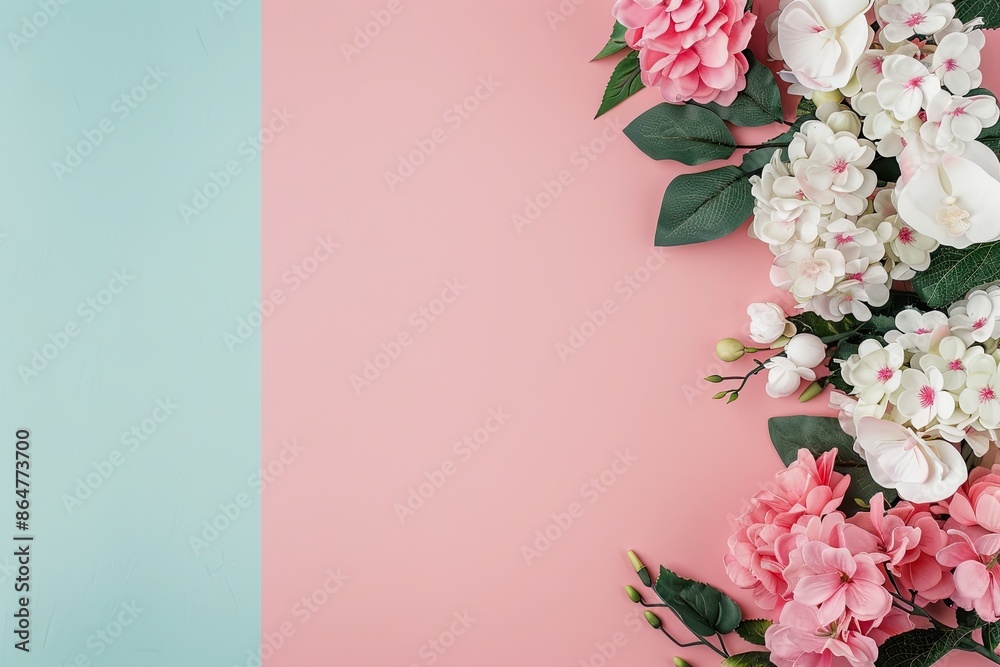Naklejka premium Floral arrangement with hydrangeas and orchids, left side, bright pastel background, luxurious and cheerful