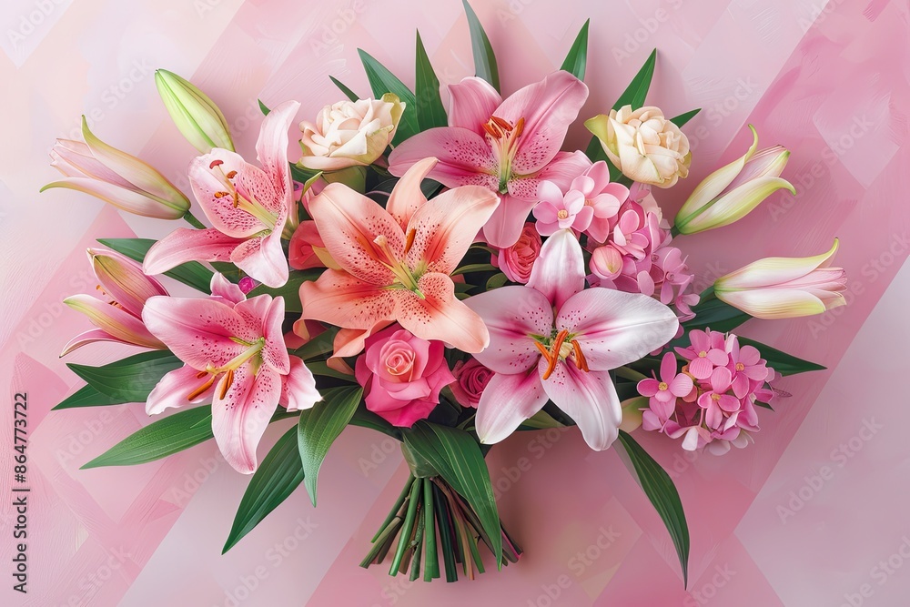 Bouquet with lilies and orchids, right side, bright geometric background, luxurious and cheerful Bouquet with lilies and orchids, right side, bright geometric background, luxurious and cheerful