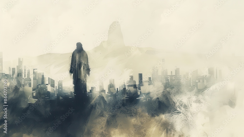 Fototapeta premium Biblical Illustration of Jesus in a Futuristic City, Ancient Wisdom and Future Vision, Beige Background, copyspace
