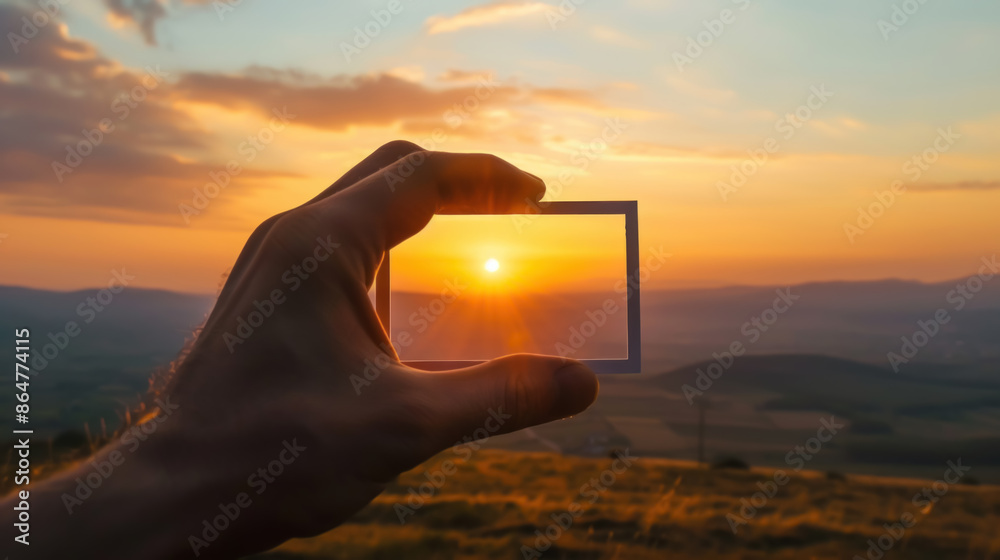Fototapeta premium Golden Hour Landscape, Hands Framing View of Distant Sunset, Close-Up Realistic Shot