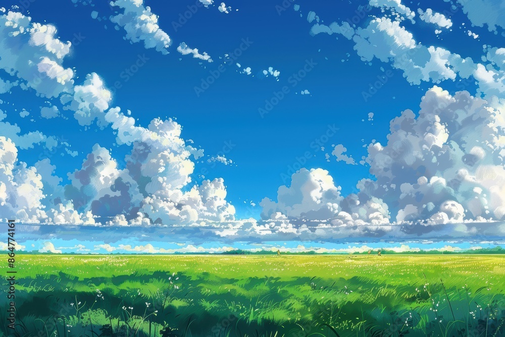 Fototapeta premium Beautiful landscape with green grass field and blue sky with fluffy white clouds. Concept of nature, peace, and relaxation.